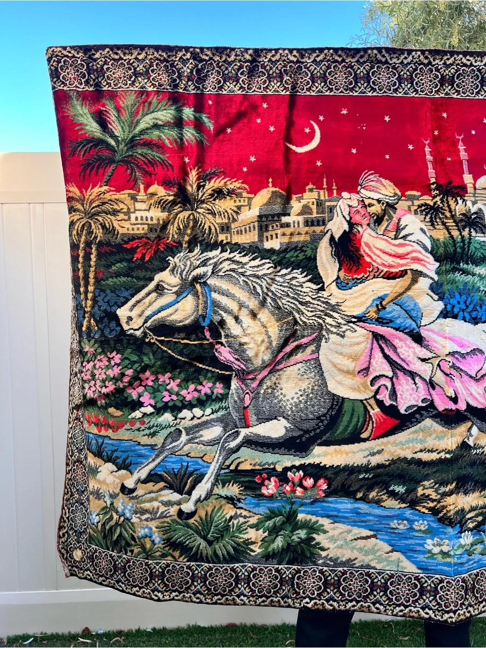 Large Vintage Arabian Nights Tapestry Wall Hanging 72” x 48” Boho Maximalist